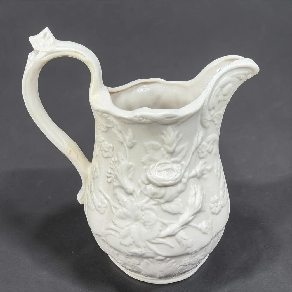 Vintage M Bennett 1974 Embossed Rose Floral Ceramic Pitcher Cream White Signed
